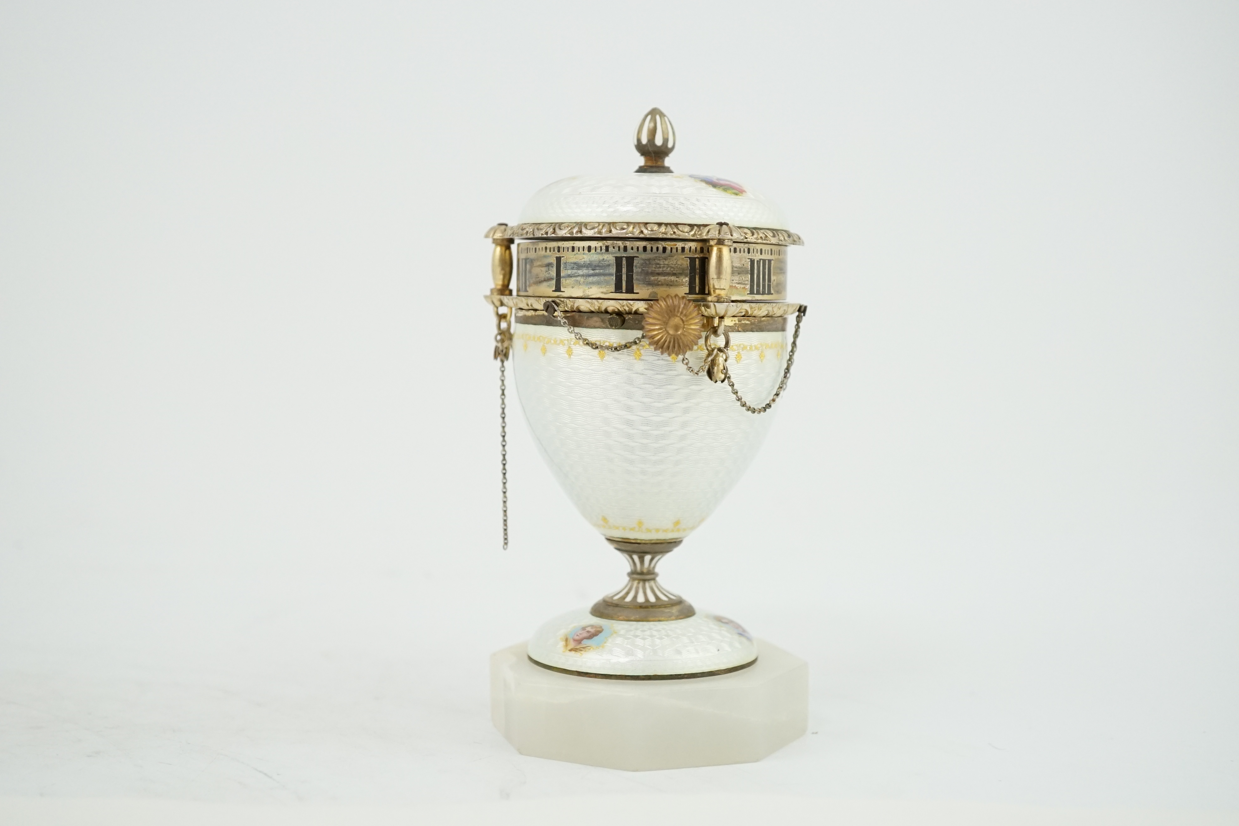 A 19th century Swiss miniature silver and guilloche enamel urn shaped timepiece